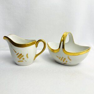 Vintage AEH Japan Porcelain Small Creamer & Basket Set Gold Accents Marked 1930